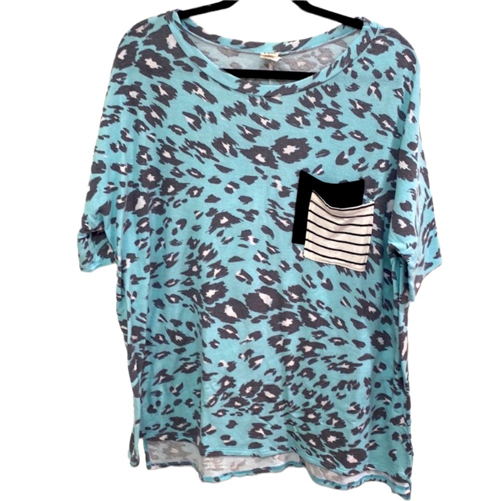 Sew In Love Blue Leopard Print Top with Black Pocket